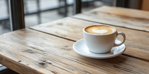 A beautifully crafted latte sits on a rustic table, embodying warmth and artistic creativity.