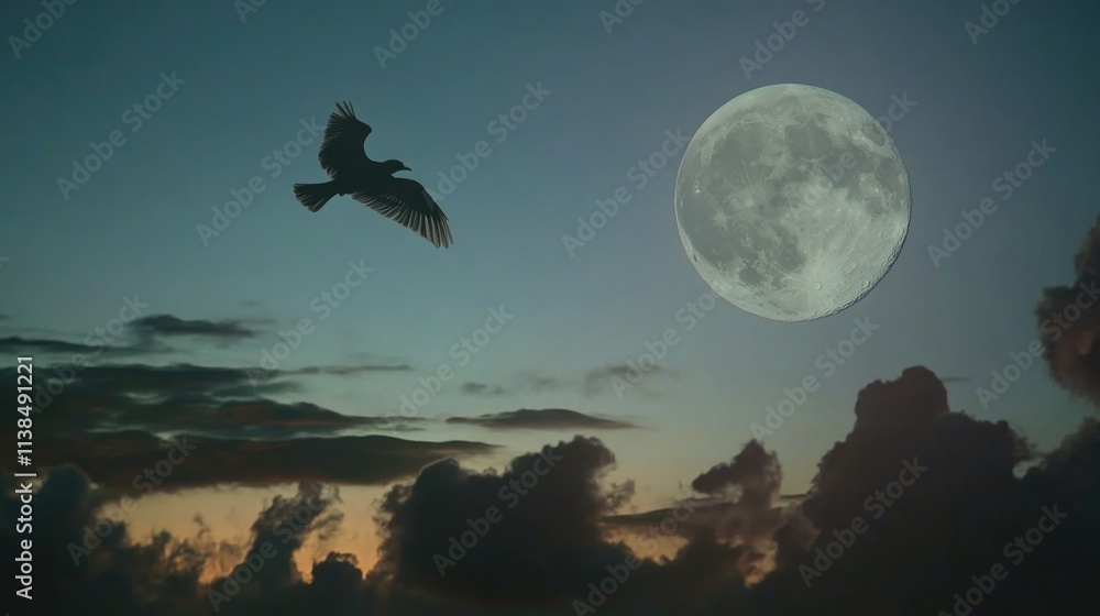 Poster a bird is flying in front of a bright full moon, creating a beautiful scene