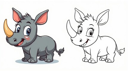 Naklejka premium Adorable Rhino Cartoon Character in Color and Black-and-White Outline