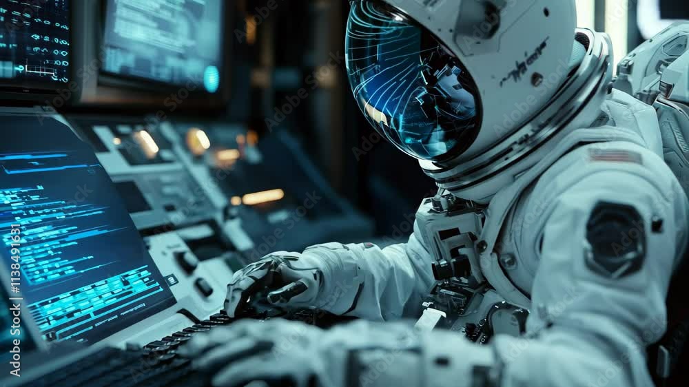 Poster astronaut interacts with artificial intelligence in a futuristic control room aboard a spacecraft, a