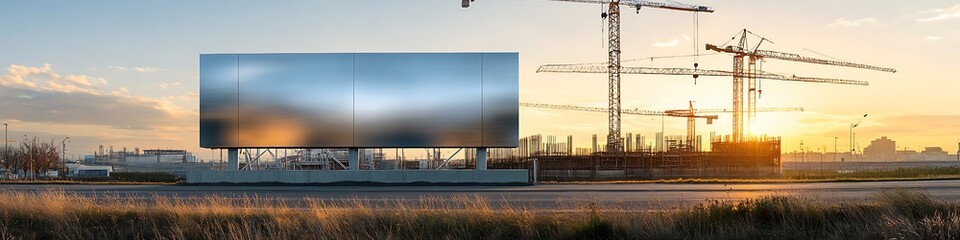 Fototapeta premium Modern metallic billboard near construction site with cranes in background