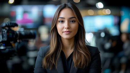 Obraz premium Confident woman posing in a modern media studio