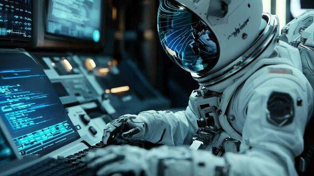 Astronaut interacts with artificial intelligence in a futuristic control room aboard a spacecraft, Astronaut working with artificial intelligence at the station 3D render