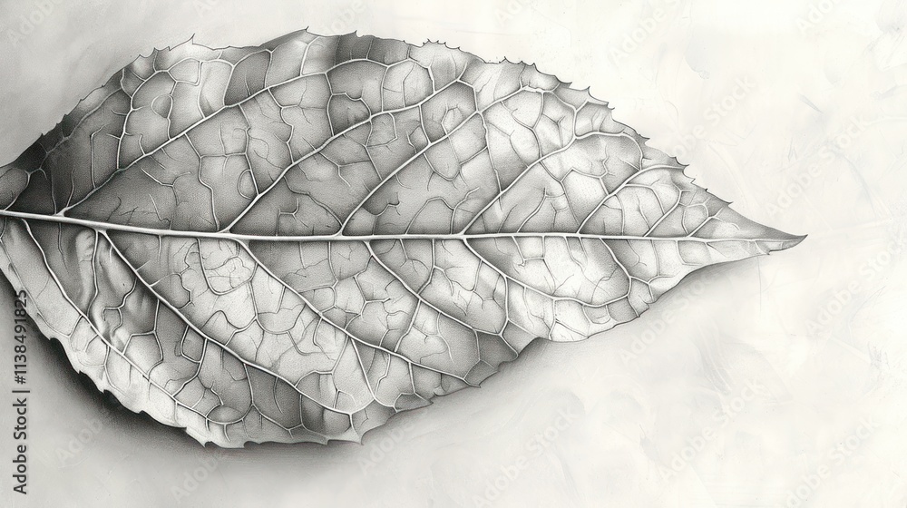 Poster close-up grayscale image of a single, dried leaf with detailed veins and texture on a light backgrou
