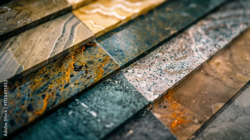 Poster close-up of rustic metallic tiles with textured patterns