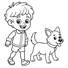A drawing of a boy and a dog vector outline for coloring pages 