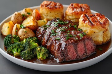 A hearty meal of meat, potatoes and broccoli served on a clean white plate