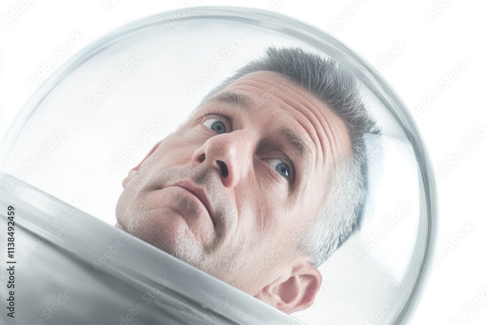 Poster a close-up view of a person in a space suit, suitable for use in astronaut or space-related illustra