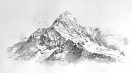 Majestic monochrome mountain peak, shrouded in clouds.