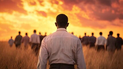 Black history month, Man Walking Away at Sunset Group of People in Field Golden Hour Rural Scene