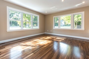 Fototapeta premium An empty room with hardwood floors and windows, suitable for interior design or renovation concept