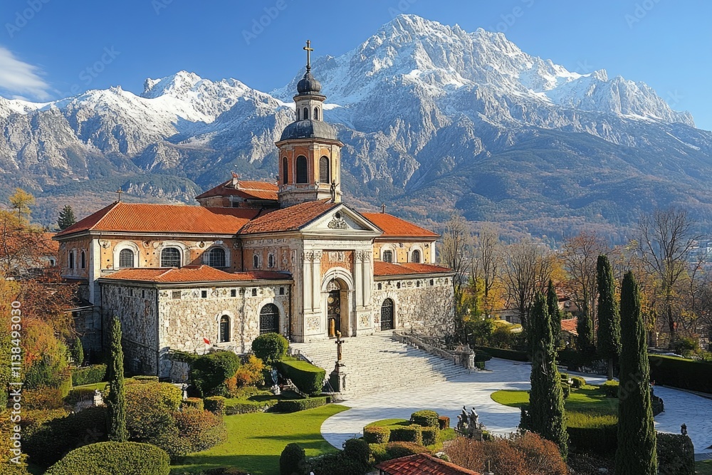 Poster A large building with a clock tower situated in front of a mountain range