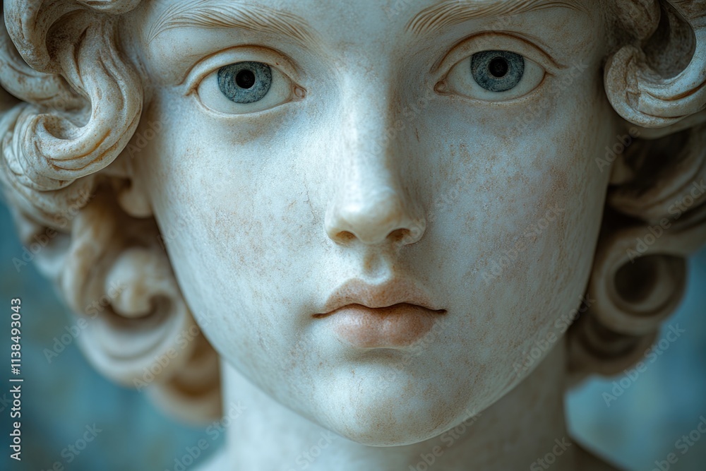 Poster a close-up view of a statue depicting the face of a child