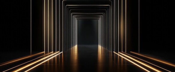 Illuminated Corridor With Golden Lines And Dark Walls