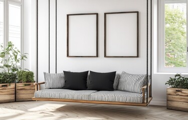 Modern Hanging Daybed with Blank Frames in Bright Room