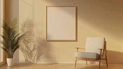 An empty room featuring a solitary chair and a blank picture frame on the wall