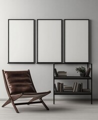 Modern Living Room Interior with Triptych Frames and Leather Chair