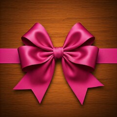  Shiny pink ribbon bow on a textured brown wood background, ideal for gift or decoration