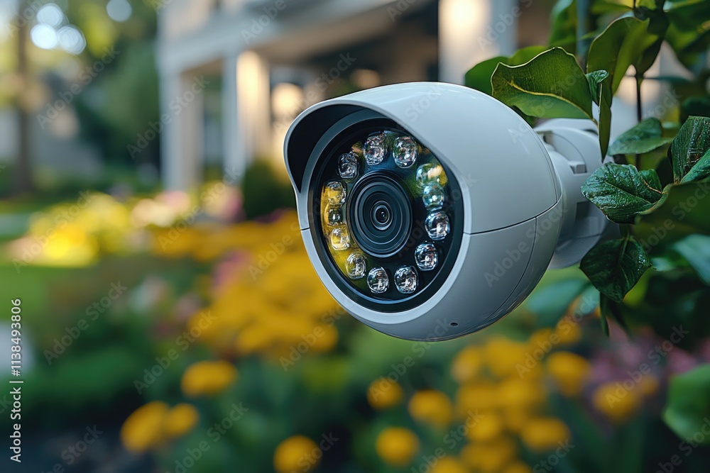 Poster a security camera installed in front of a residential house, suitable for use in real estate or home