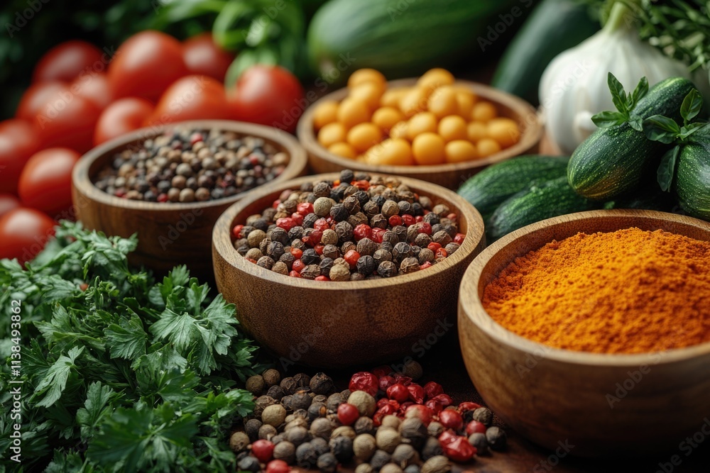 Poster A collection of spices in various forms and colors on a wooden table, ideal for use in editorial or commercial contexts