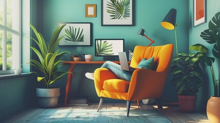 Woman relaxing in armchair, working on laptop in home office.