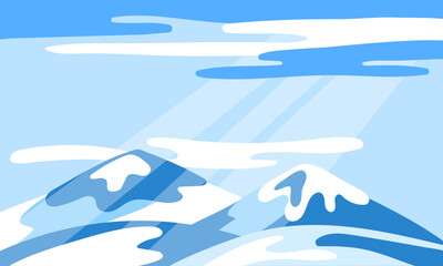 Snow-covered mountains and clear blue sky on minimalist winter landscape. For website headers, posters, presentations, or winter-themed designs