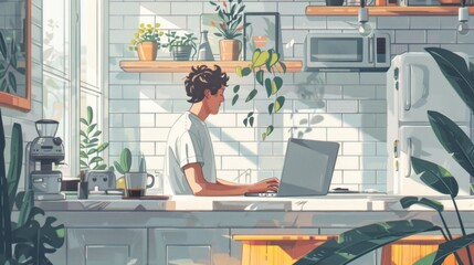 Man working on laptop in sunlit kitchen.