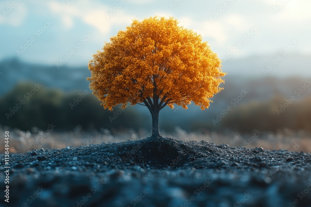 Poster a single yellow tree stands alone in a green field, ideal for use in environmental or nature-themed 