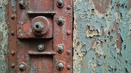 Rusty metal surface with peeling paint showcasing bolts and textured patterns for industrial and abstract art themes in photography