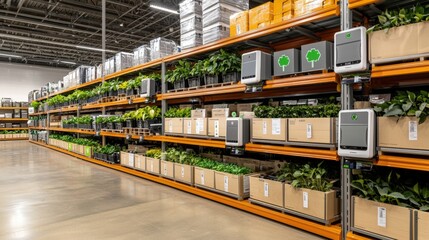 Naklejka premium Energy consumption and electricity data, A spacious indoor plant nursery with organized shelves displaying various potted plants and greenery in boxes.