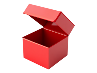 An open red box isolated against a transparent background, ideal for packaging, storage solutions, or gift presentations.
