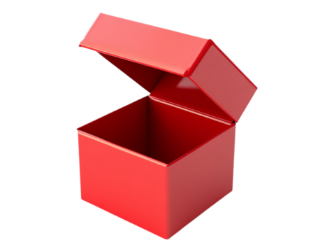 An open red box isolated against a transparent background, ideal for packaging, storage solutions, or gift presentations.
