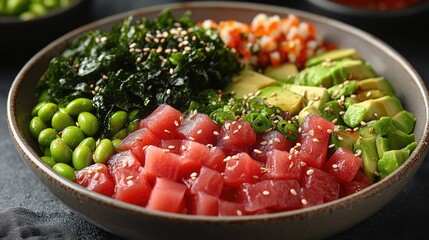 A colorful and varied bowl filled with diverse food items
