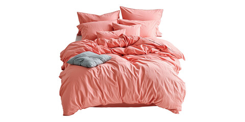 Cozy pink bed setup with pillows isolated on transparent background
