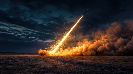 Obraz premium Dramatic Nighttime Launch of a Rocket with Bright Flames and Thick Smoke Lighting Up the Dark Sky and Creating a Powerful Scene of Energy and Motion