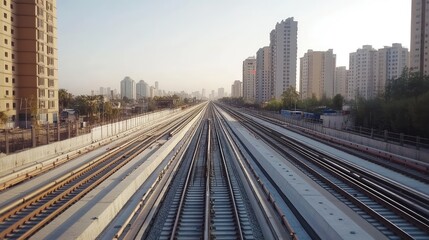Obraz premium A high-speed train construction site in an urban area, with concrete and steel being installed to create the modern railway network