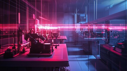 Futuristic laboratory environment with advanced laser technology and vibrant neon lights creating a dynamic atmosphere for scientific research and innovation