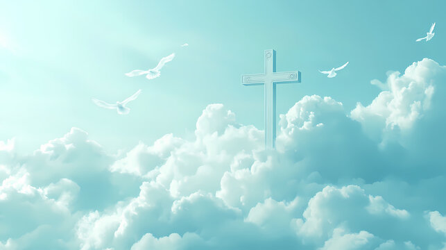 A cross in the clouds against a light blue background, with a white sky and white birds flying around the cross. Heavenly. Illustration