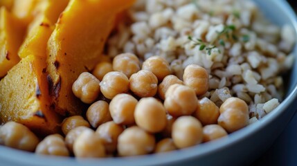 A nutritious meal bowl filled with rice, chickpeas, and roasted squash