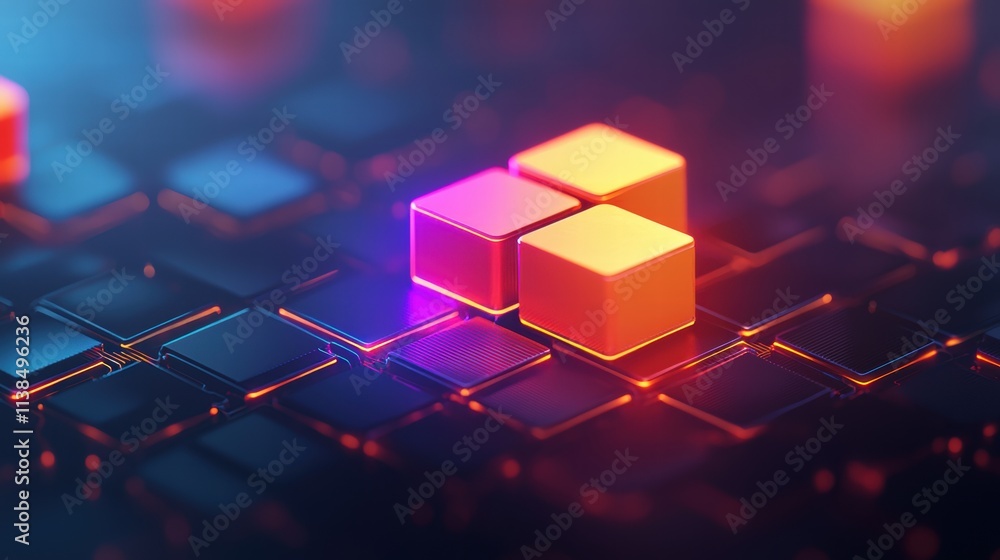 Poster glowing data network illustration with colorful cubes and abstract background