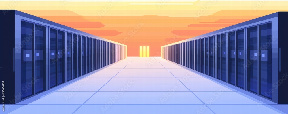 Poster futuristic digital vault concept with multi-layered security system design at sunset