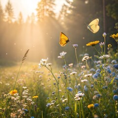 Two butterflies flying in a field of flowers. The butterflies are yellow and white. The field is full of flowers and grass