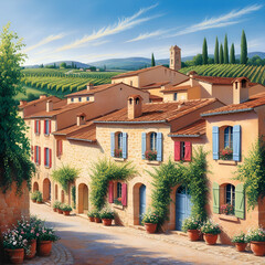 Fototapeta premium Valley Paint colourful houses hillside ai genrative