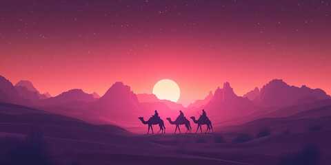 Naklejka premium Illustration of Three Wise Men Traveling Through the Desert, Following the Star of Bethlehem. Night of the Three Wise Men. Day of the Three Wise Men. Nativity Scene