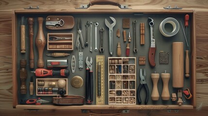 Overhead view of a well-organized toolbox filled with various hand tools and supplies.