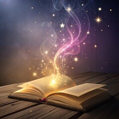 A book is open to a page with a star on it. The book is on a wooden table