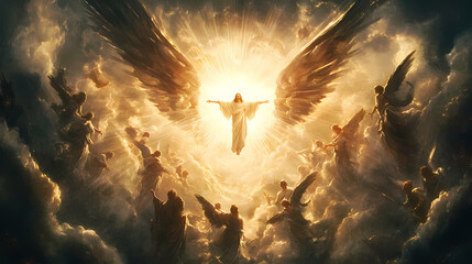 A portrayal of heavenly figures including god jesus and angels. concept religious art, faith representation, divine imagery, spiritual portrayals, sacred figures. Heavenly. Illustration