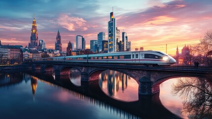 Obraz premium A high-speed train crossing a bridge over a river, with a breathtaking city skyline filled with skyscrapers and reflections on the water below