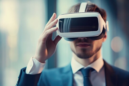 A professional man holding a virtual reality headset, suitable for technology or business use
