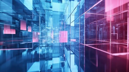 Futuristic Abstract Space with Reflections of Glass Structures and Neon Colors in Blue and Pink Hues, Perfect for Technology and Digital Concepts in Modern Design